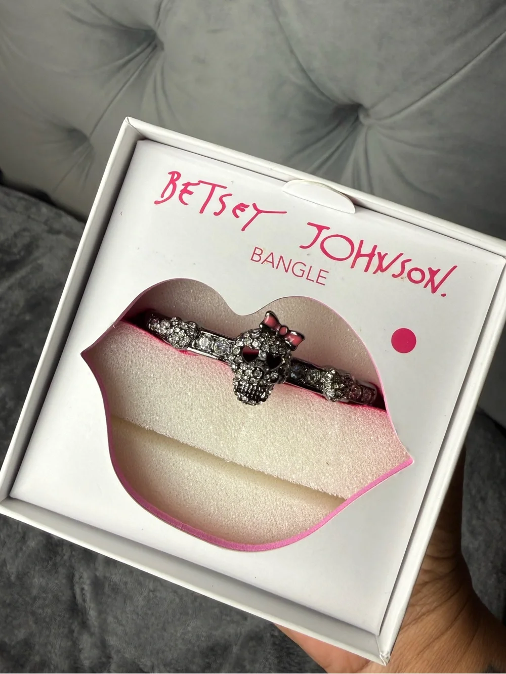 Betsey Johnson Crystal Sugar Skull Hinged Bangle Bracelet New in Box
